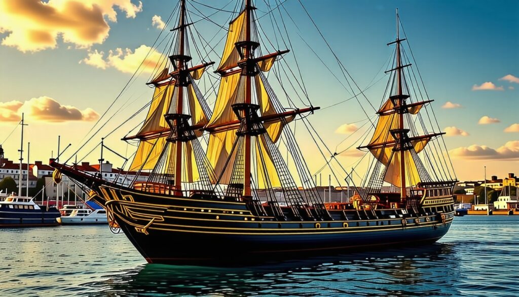 image-dun-navire-historique-la-fregate-francaise-hermione-amarree-au-port-sous-un-ciel-ensoleille-on-apercoit-les-details-travailles-du-bateau-et-latmosphere-animee-du-port-environnant