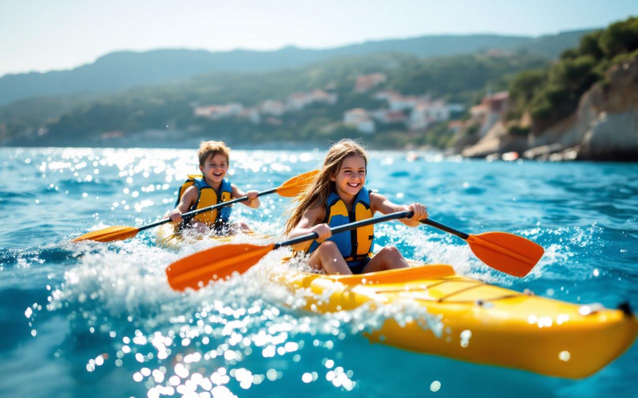 Des enfants en train de faire du kayak dans la mer Méditerranée, souriants et joyeux, avec des éclaboussures d'eau sous un soleil radieux et un paysage côtier pittoresque en arrière-plan.