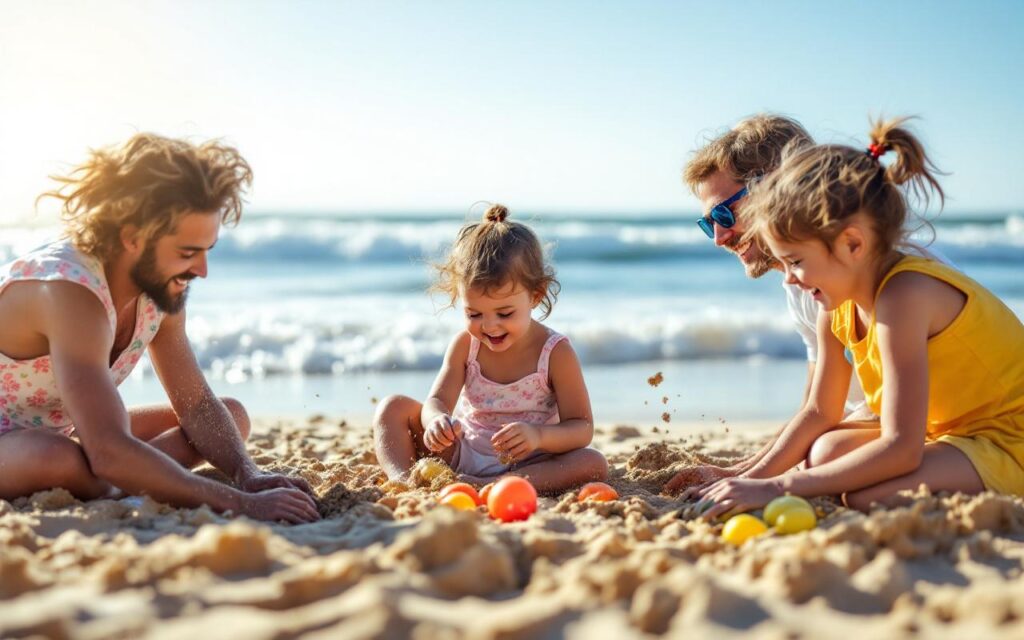 Une famille s'amusant à la plage avec des enfants, jouant dans le sable sous un soleil éclatant, avec des vagues de l'océan en arrière-plan.