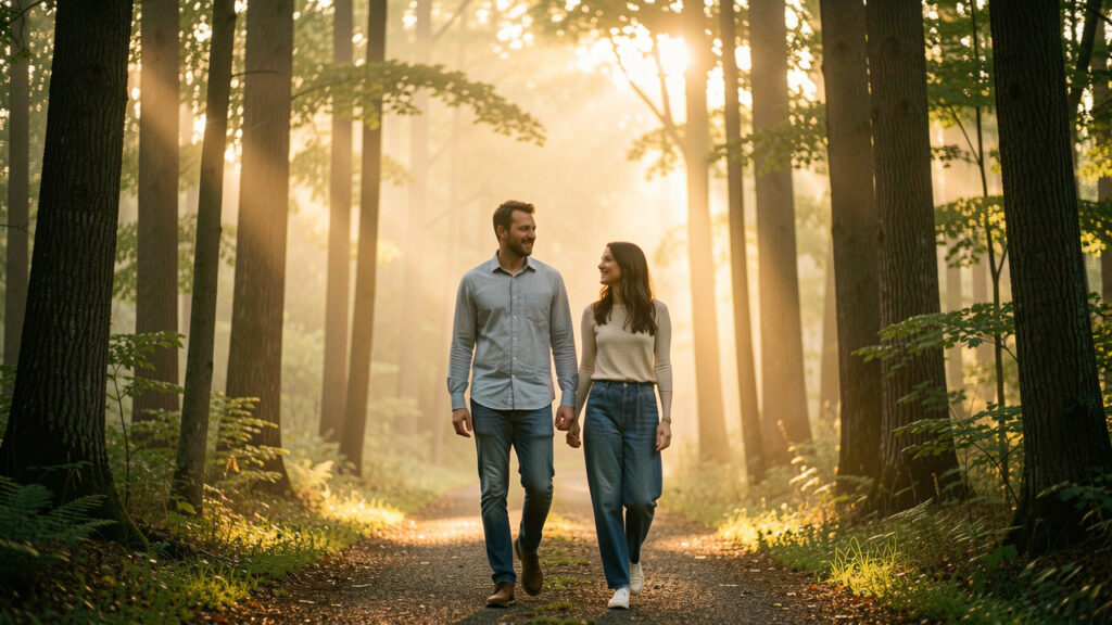 Un homme et une femme marchent côte à côte sur un sentier boisé au lever du soleil, leurs téléphones rangés dans une ambiance paisible.