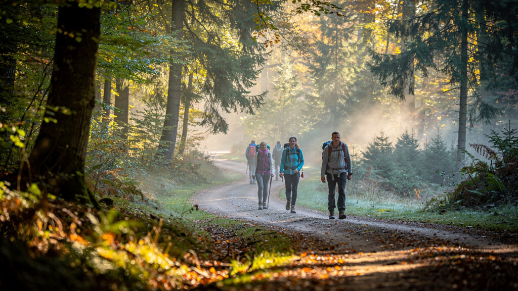 Sentier vallonné en forêt autour du Parc d’Olhain, lumière douce du matin, promeneurs en tenue de randonnée marchant sur le chemin sinueux.