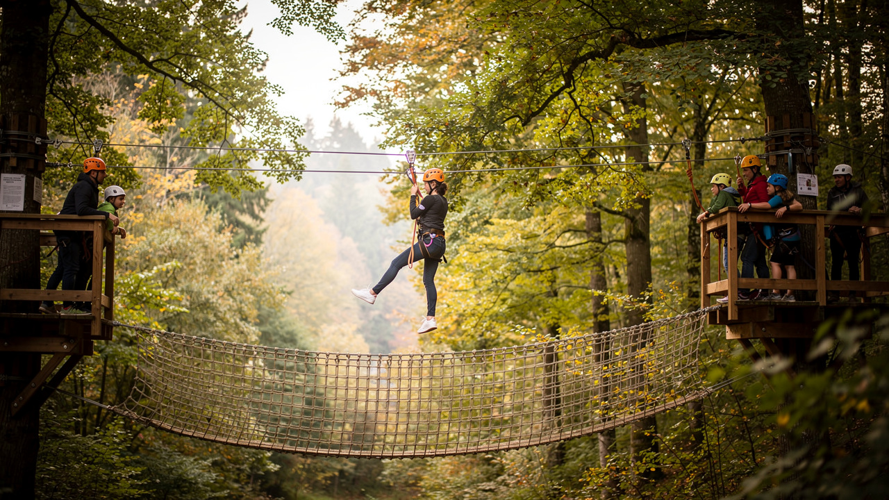 Vue réaliste d’une activité de tyrolienne en forêt à lisière, avec des filets suspendus, ambiance familiale, lumière naturelle entre les arbres dans l’Artois.