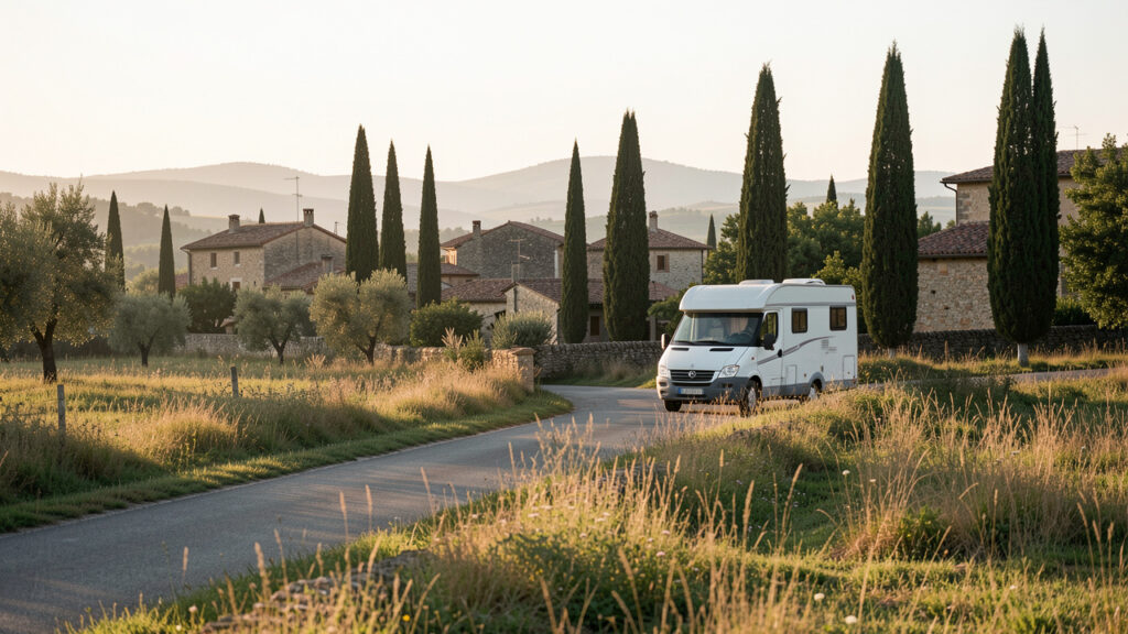 Un camping-car discret stationné près d’un village occitan, entouré de prairies naturelles et de collines baignées par la douce lumière du matin.
