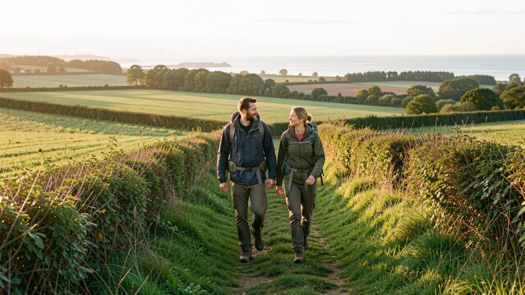 Un homme et une femme marchent sur un sentier verdoyant des Hauts-de-France au lever du soleil, entourés de champs, de haies et de paysages naturels variés.