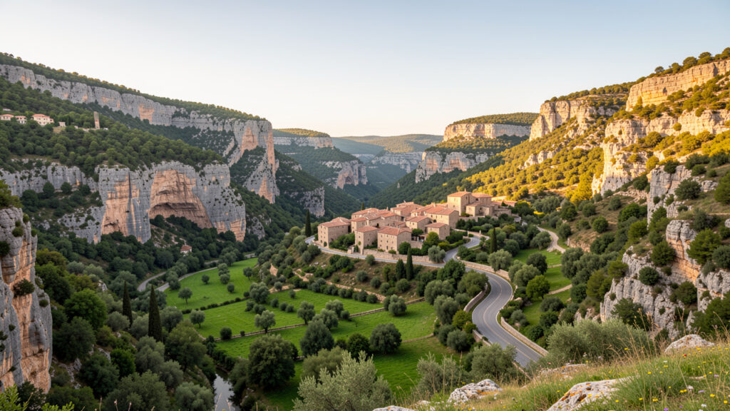Paysage occitan lumineux montrant un village en pierre entouré de gorges verdoyantes et une route panoramique sous une lumière dorée.