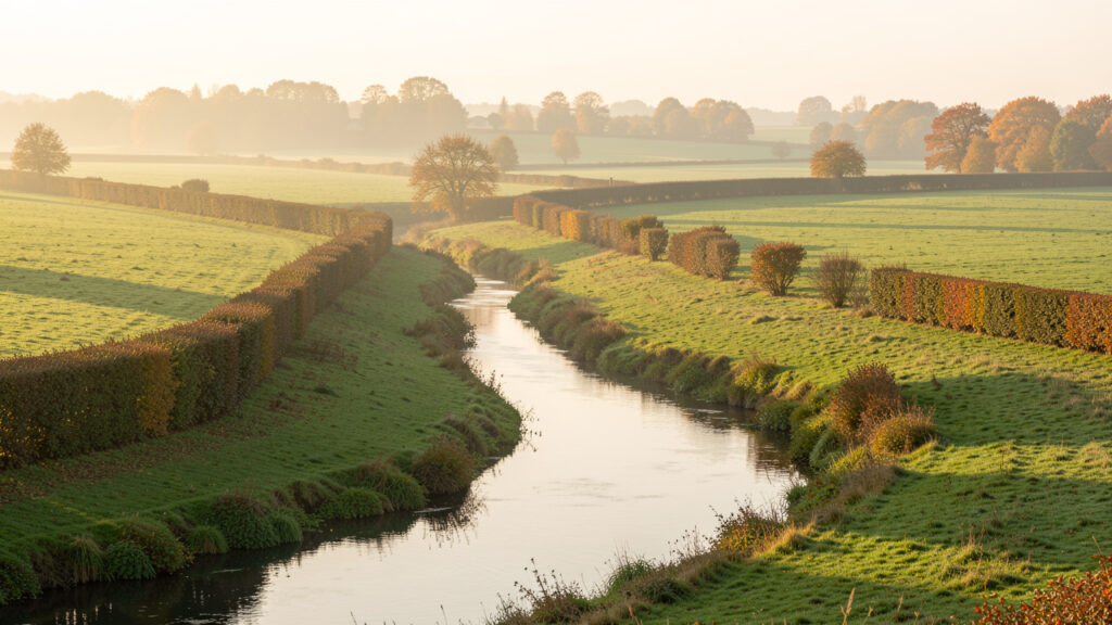 La rivière Veyle serpente entre les prairies et les haies bocagères de la Bresse sous une douce lumière de début d'automne.