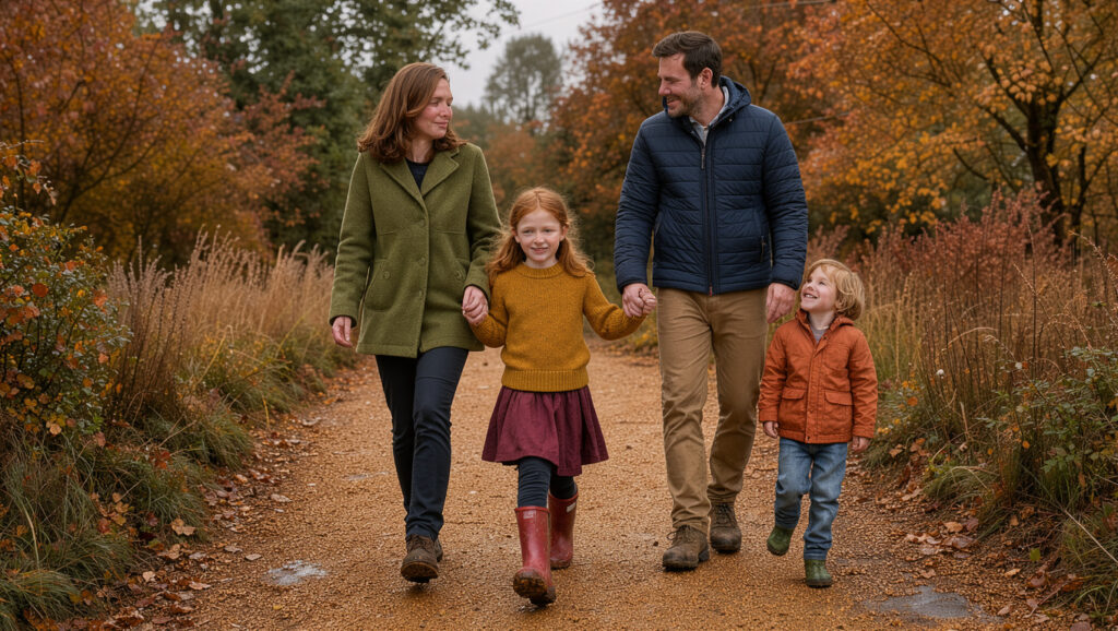 Une famille avec deux enfants marche dans les jardins aux couleurs d’automne, sous une lumière douce, dans une ambiance angevine réaliste.