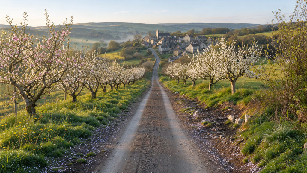 Route de campagne normande bordée de pommiers menant vers un ancien village, avec des collines verdoyantes baignées par la lumière douce du matin.