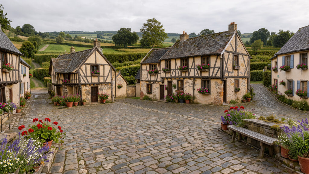 Village normand fleuri avec maisons à colombages, petite place pavée et paysage verdoyant de bocage
