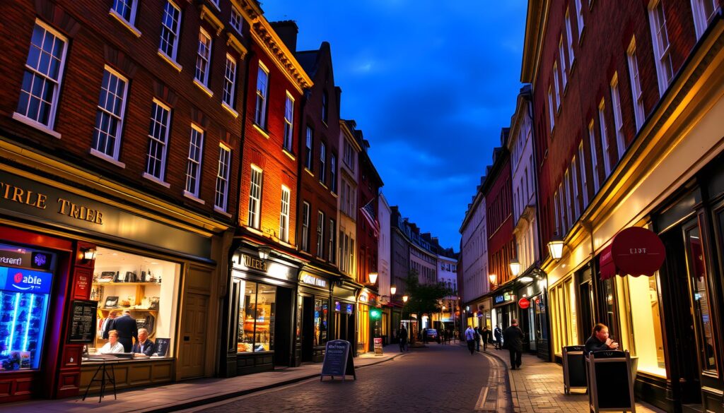 Rue animée du quartier de Temple Bar à Dublin, bordée de façades colorées et de pubs.
